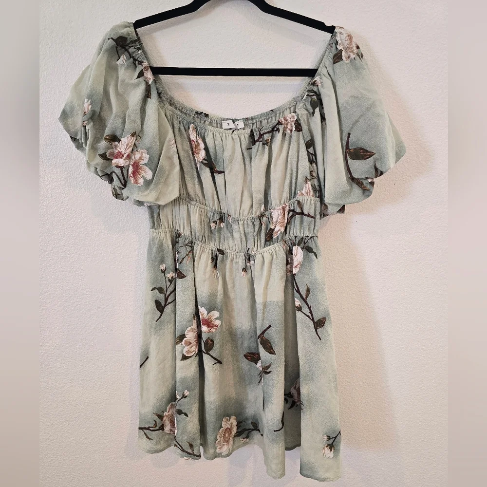 HYFVE Sage Floral Magnolia Puff Sleeve Mini Dress Garden Party Sz Large - Picture 4 of 7
